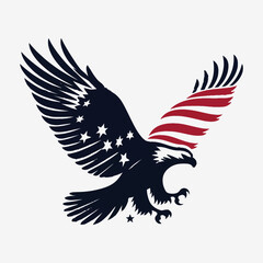A Bald eagle in flight, with an image of the American flag on its wings
