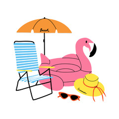 Summer beach. Umbrella, sun lounger, inflatable flamingo ring and hat. Sunglasses. Summertime holiday journey. Sea vacation print composition, card or poster. Vector cartoon flat isolated illustration