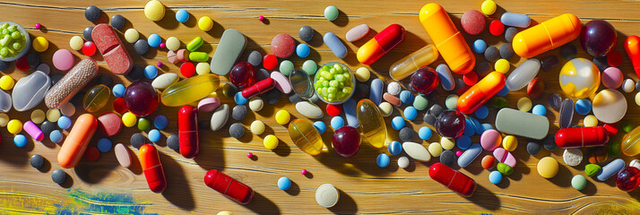 Fototapeta premium Elevated perspective of diverse vibrant supplements arranged on a timber surface.