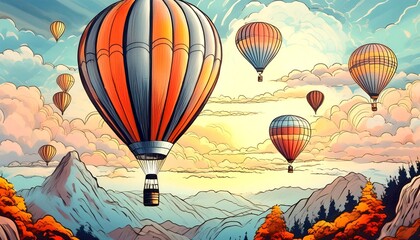 Obraz premium Hand drawn style illustration, hot air balloons floating in the sky, sketchy lines, vibrant colors. 3