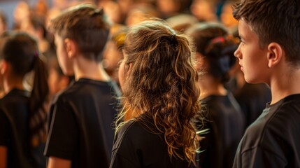 A school choir rehearsing for a concert, showcasing the musical talent and harmonious collaboration of extracurricular activities.