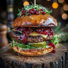 Beef burger with cranberry sauce, sweet beefburger, cranberries burger with green sprouts and cheese