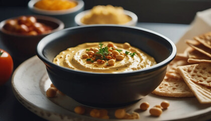 Fresh hummus with herbs in the bowl. 