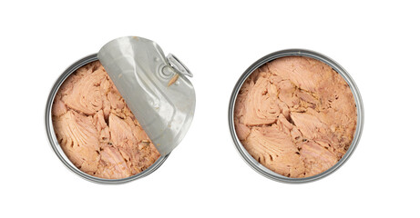 Canned Tuna Isolated, Albacore Fish Chunks in Open Tin Can, Tuna Oil Preserve, Seafood Conserve
