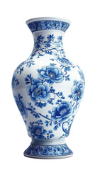 Elegant blue and white porcelain vase with intricate floral patterns, perfect for home decor, art collections, and gifting. cut out. PNG. transparent background.