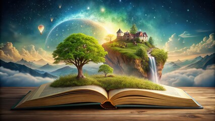 Enchanting fantasy world inside of a book , magic, whimsical, imagination, creativity, education, reading, literature