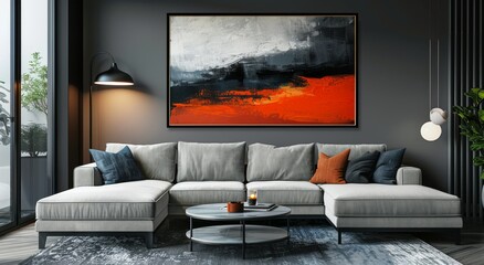 Modern Living Room Interior Design With Abstract Orange and Grey Artwork