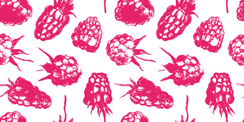 Color raspberry pattern seamless, raspberries illustration, hand-drawn vector red berry for vegan banner, juice or jam label design. Ripe raspberry background for baby food packaging.