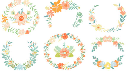 Obraz premium Collection of hand-drawn floral wreaths and borders in pastel colors, isolated on a white background. Delicate and whimsical designs.