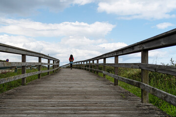 Tourist walking along a walkway over the dunes. Lugo Coast. Galicia