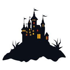 A dark silhouette of a medieval castle on a hill, with multiple towers and spires illuminated by warm lights, surrounded by a spooky forest with bare trees in the foreground