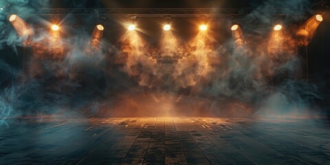 An empty stage filled with smoke and spotlights, perfect for a dramatic or suspenseful scene