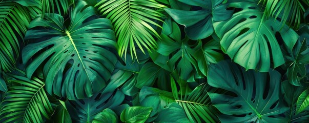 Fototapeta premium A lush green jungle with many leaves and vines. Free copy space for banner.