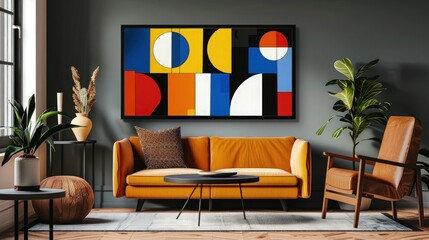 A living room with a sophisticated geometric wall pattern in neutral tones, paired with a modern sofa and elegant decor. The pattern adds depth and character to the space.