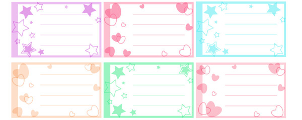 Set of colorful notebook name stickers with stars and hearts. Vector illustration for school supplies.