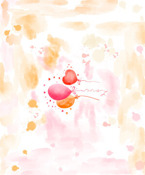 Watercolor background with hearts ballons