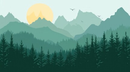 A tranquil mountain landscape at dawn, featuring peaks illuminated by the first rays of the sun. The sky is painted with soft pastel hues, creating a serene and inspiring scene. Generative AI