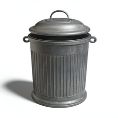 A grey metal dustbin isolated white background