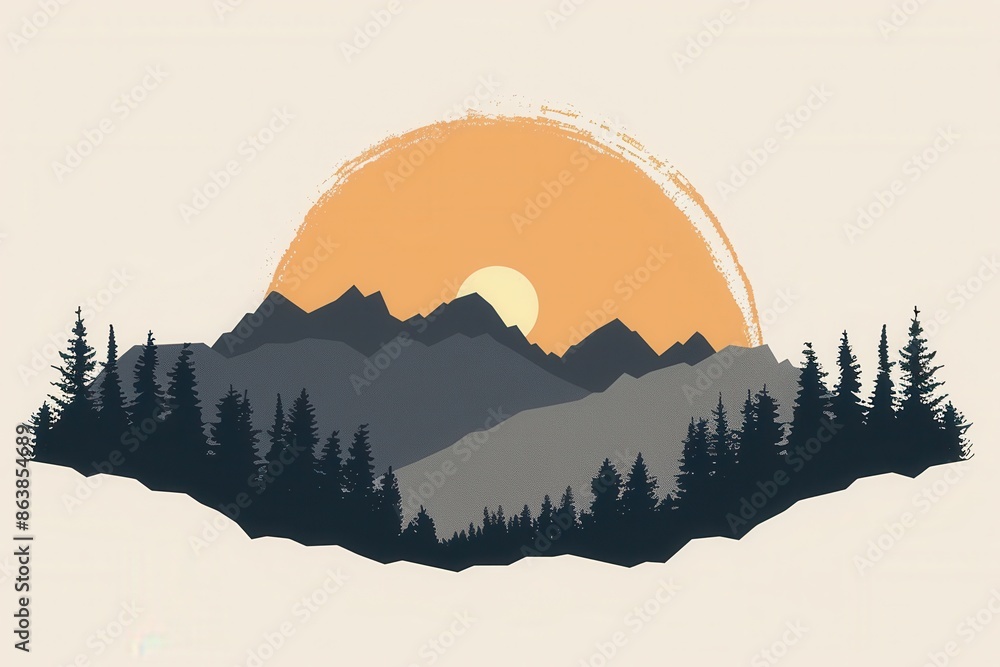 Aufkleber Digital art of a mountain landscape at dawn, with soft golden light illuminating the peaks against a pastel sky, creating a tranquil scene. Generative AI