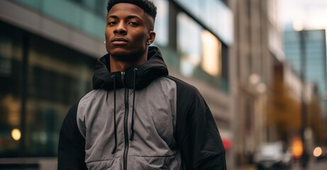 Naklejka premium Stylish model posing in urban streetwear, city setting with contemporary vibes.