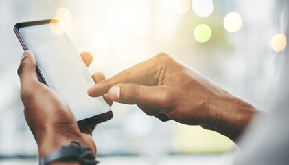 Phone, screen and hands of person typing in office for email, contact or text on internet connection. Scroll, smartphone and consultant on mobile app for online chat, networking or post with bokeh