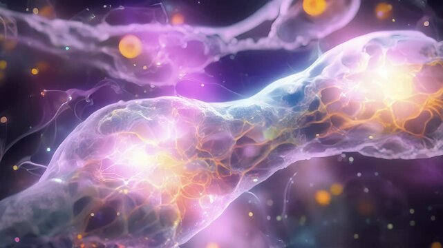 An animation of fibroblast cells with the characteristic zebra bodies seen in individuals with lysosomal storage diseases.