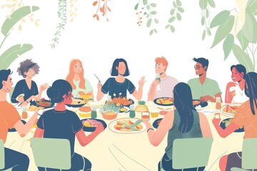 A group of people are sitting around a table eating food. Scene is happy and social