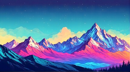 Coloured Hand drawn style illustration mountain range with sketchy lines and textured peaks. 1