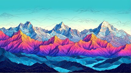 Coloured Hand drawn style illustration mountain range with sketchy lines and textured peaks. 3
