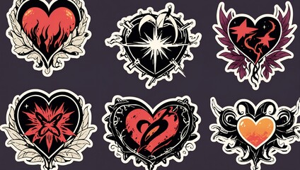 Y2k tattoo sticker set, gothic heart silhouette, Neo tribal aesthetic icon, butterfly, stars, fire. Love grunge groovy fashion print, acid ornament element collection, retro emo kit. Girly y2k sticker