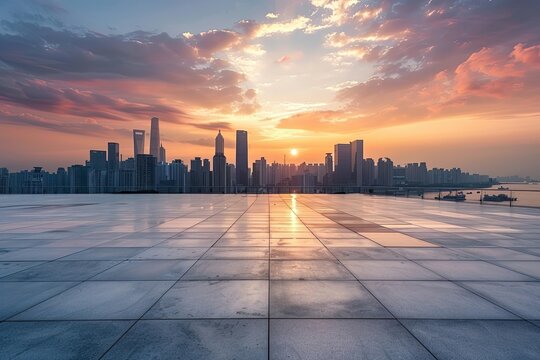 Empty square floors and city skyline with modern buildings at sunset high angle view