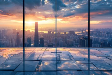 Fototapeta premium Empty square floors and city skyline with modern buildings at sunset high angle view