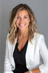 portrait studio d'une jeune femme blonde de face souriante