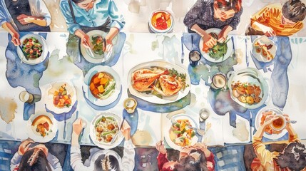 A group of people are sitting at a long table with plates of food in front of them. Scene is warm and inviting, as the people are enjoying a meal together. The table is set with various dishes