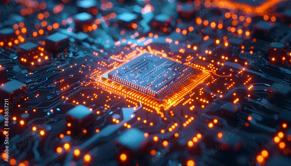 Poster a close-up shot of a circuit board with a glowing processor in the center