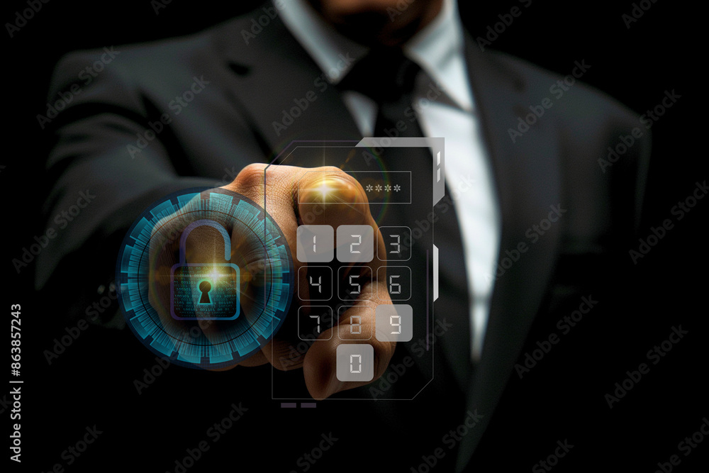 Poster a man in a suit is pointing at a digital screen that displays a lock. concept of security and protec
