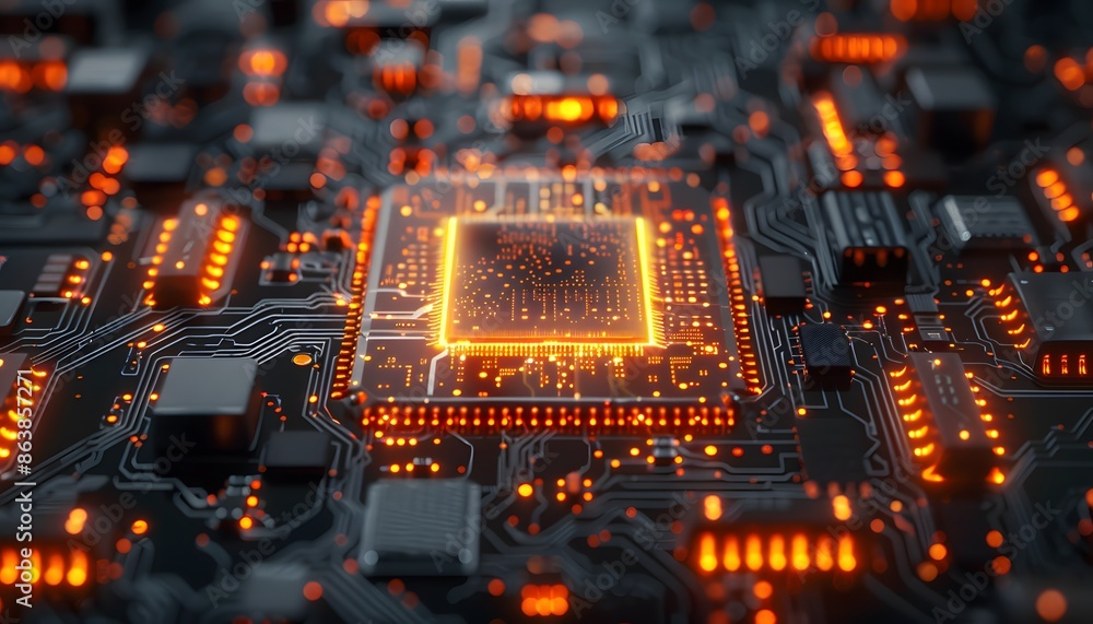 Poster a close-up of a glowing orange cpu on a dark circuit board.
