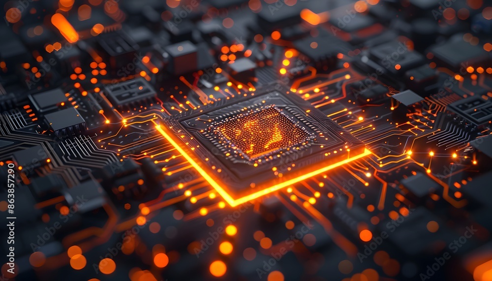 Poster a close-up of a circuit board with a glowing orange processor in the center. the image is a represen