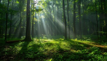Obraz premium Sunlight streams through the dense canopy of a lush, green forest, illuminating the forest floor with a mystical glow. The air is thick with moisture, adding to the ethereal atmosphere.
