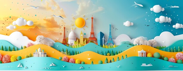 World Tourism Day with landmarks and travel icons, bright colors, ample copy space