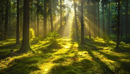 Obraz premium Sunlight streams through the canopy of a dense forest, illuminating the mossy forest floor. The light creates a magical and ethereal atmosphere.