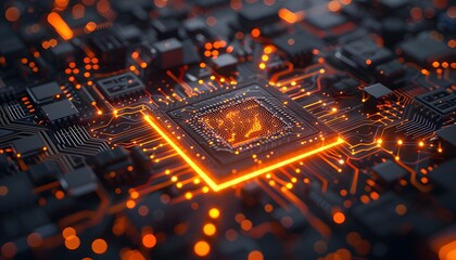 A close-up of a circuit board with a glowing orange processor in the center. The image is a representation of technology and innovation.