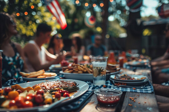 Grilled meat and sausages on the grill with a group of happy friends having dinner party at patio garden fest ai generated