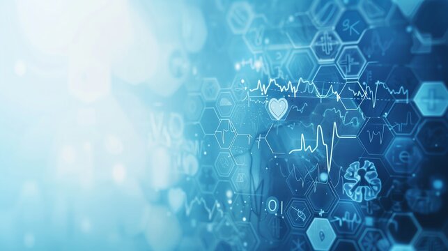 World Health Day with medical symbols and heartbeats, blue and white colors, ample copy space