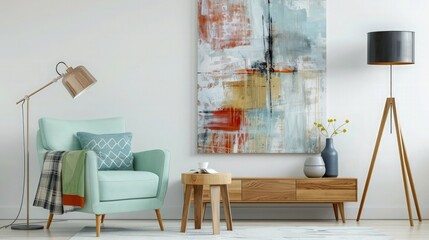 An elegantly appointed living room featuring a wall with a large, intricate floral design in subtle colors. The room has a contemporary mint  leather sofa