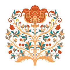 Mughal Art is a traditional bunch flower of floral ornaments. A multi-color motif on a light background, isolated element. Fantasy traditional bouquet.