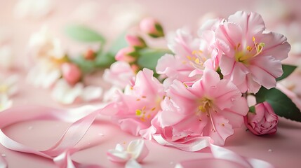 Mother's Day theme with flowers and ribbons, soft colors, ample copy space