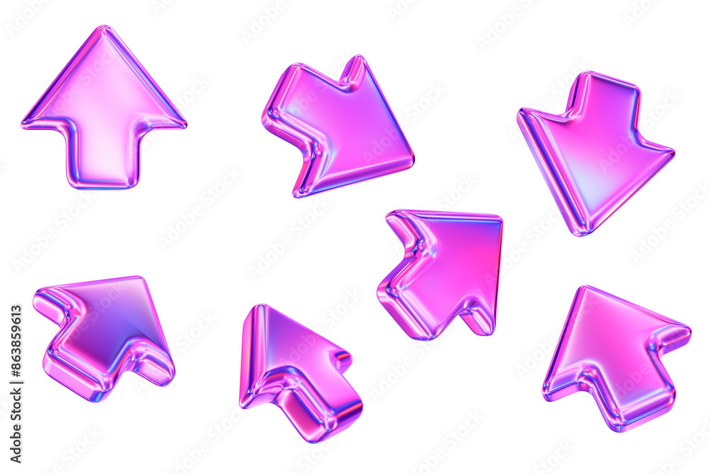 Fototapete 3d set of neon click cursor icon. mouse arrows pointing in different directions. 3d rendering illust
