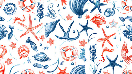 Obraz premium Beautiful seamless marine style pattern on white background
