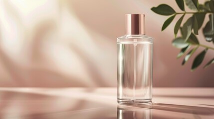 Naklejka premium High-end cosmetic toner in a sleek glass bottle, reflective surface, luxury product design
